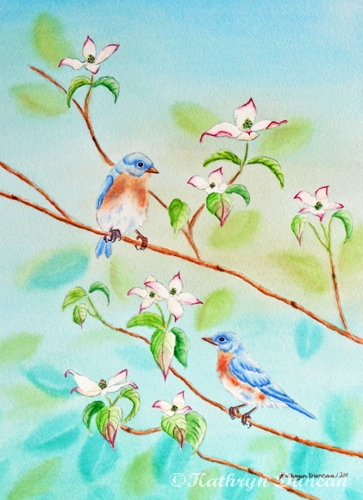 Bluebirds in Dogwood Tree II